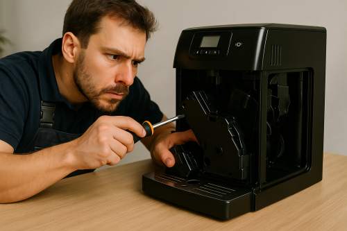 KI generiertes Bild eines Mannes, der einen Kaffeevollautoamten repariert.